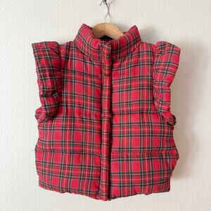 Plaid Red Puffer Vest with Ruffle Shoulders